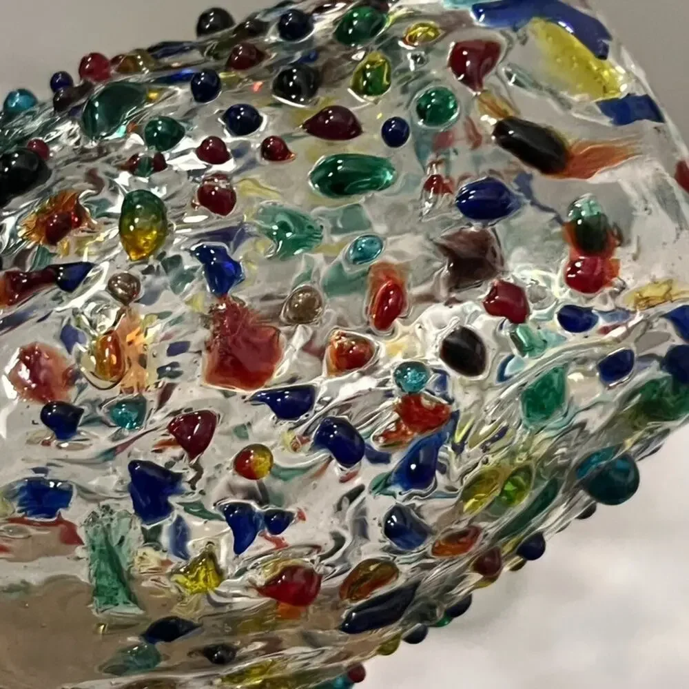 Hand Blown Ball Wine Glasses Colorful Textured Pebble Confetti Design Set of 3